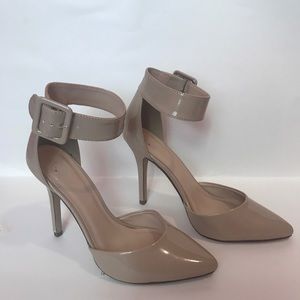 D Nude Patent Leather Ankle Strap Heels